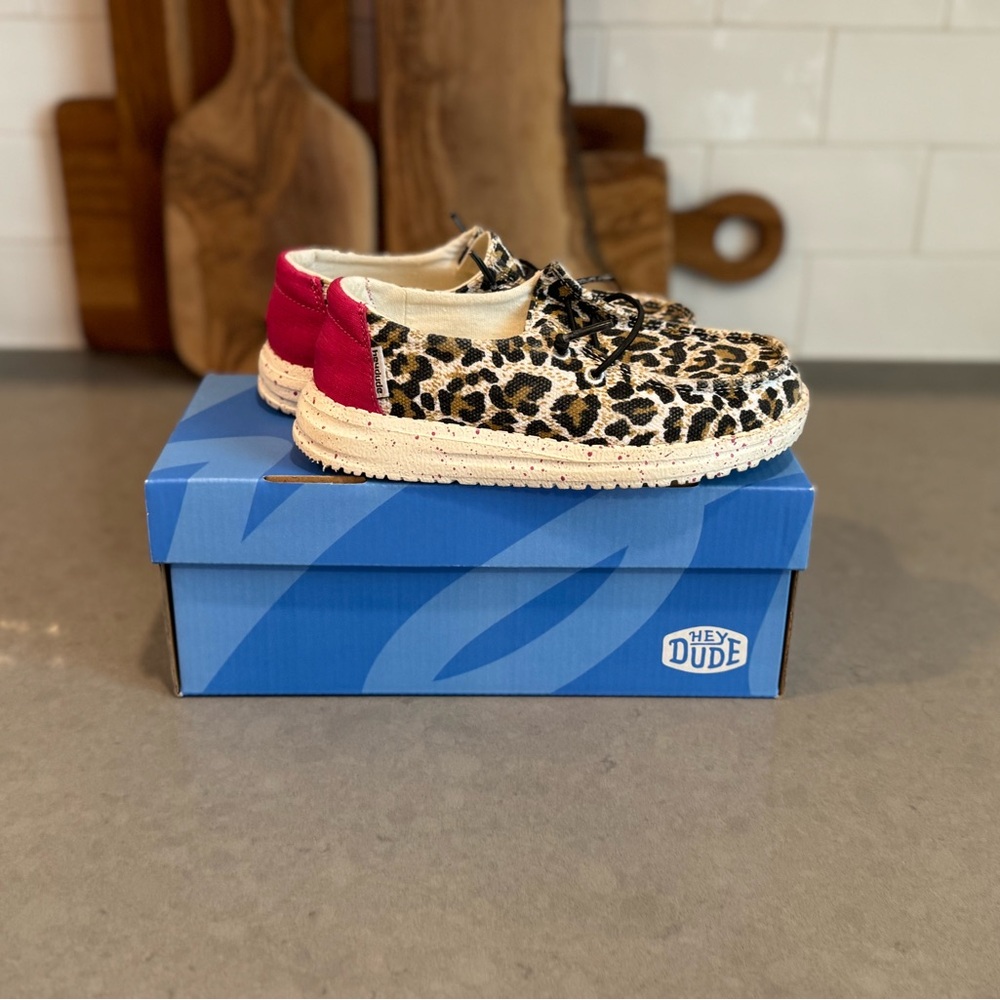 Hey Dude Leopard Sneakers with Vibrant Red Heel